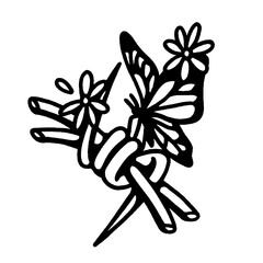 Butterfly, flowers, and spiked ribbon knot. Dark tattoo art