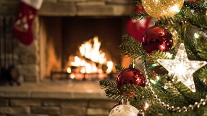 Christmas Tree and Burning Fireplace - A close-up shot of a decorated Christmas tree with red and gold ornaments in front of a burning fireplace. - Powered by Adobe