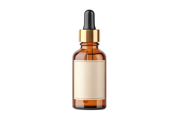 Naklejka premium Amber brown glass dropper bottle with a shiny gold cap and blank white label for cosmetic, skincare, or essential oil products. Premium packaging mockup isolated on transparent background, PNG format 
