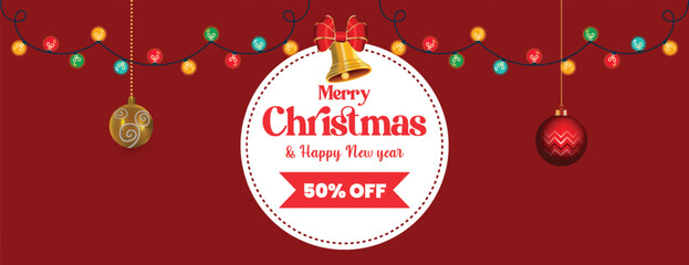 Modern Christmas Celebration Party Banner with Holiday Festive Background, New Year Promotion Web Header Template, Social Media Cover Layout for Marketing and Discount Sale Advertisements