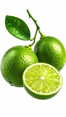 Fresh Green Limes with Leaves on White Background