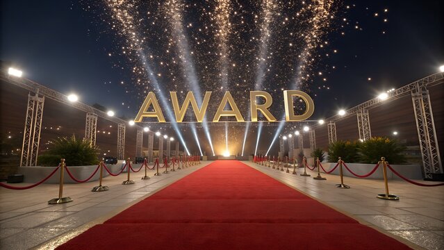 A red carpet event with large golden letters spelling 'AWARD'. Fireworks illuminate the night sky. Spotlights shine on the carpet, creating a festive atmosphere.