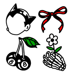 Edgy Retro Sticker Set - Boy Head, Cherries, Ribbon, Skeleton Hand