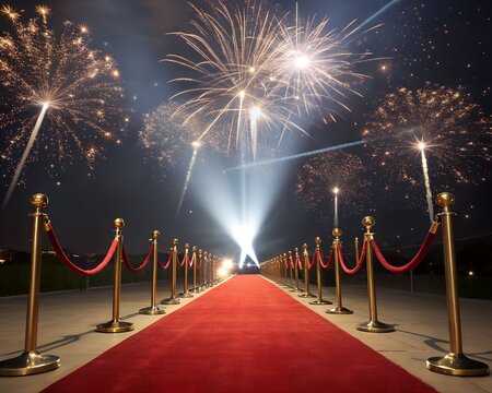 A red carpet leads to a spotlight with fireworks in the background. Gold stanchions and red ropes line the path, creating a festive atmosphere.
