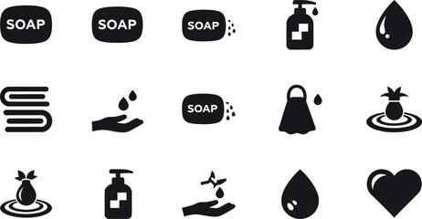 Collection of hygiene and cleanliness icons including soap bars liquid soap dispenser hand washing towel and water drops isolated on transparent background