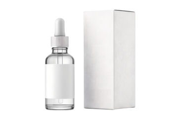 Clear glass dropper bottle with a white blank label and matching packaging box mockup. Ideal for cosmetic, skincare, serum, or essential oil branding presentations. Realistic design on a transparent b