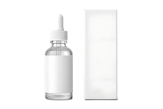 Clear glass dropper bottle with a white blank label and matching packaging box mockup. Ideal for cosmetic, skincare, serum, or essential oil branding presentations. Realistic design on a transparent b