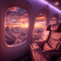 Fototapeta premium View from inside modern business class airplane cabin with window looking out to sky