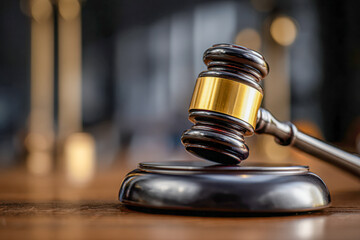 Wooden gavel with golden band resting on matching sound block symbolizing justice and legal authority in a formal courtroom setting with blurred background lights