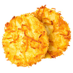 Golden Potato Cakes: A close-up shot of two crispy, golden-brown potato cakes. The intricate texture and rich color evoke a sense of warmth, making it the perfect comfort food.