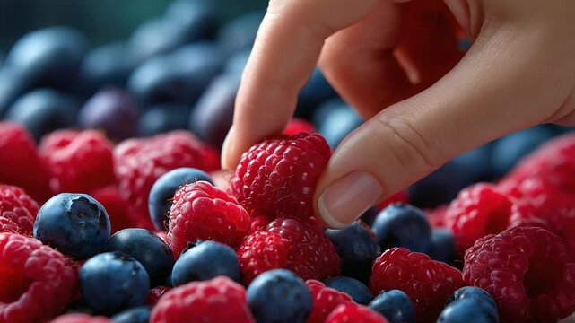 Partial view of hand reaching toward sharp focused assortment of fresh raspberries and blueberries, with copy space
