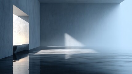Obraz premium Soft mist and diffused light reflecting off white wall, wide blank upper area, creating tranquil and airy minimalist interior with gentle refined tones, perfect for modern calm interior concepts.
