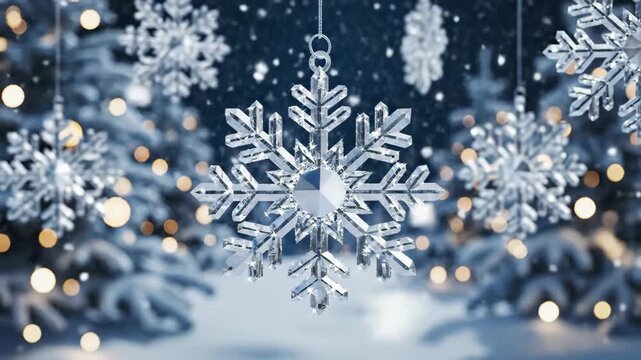 Winter Snowflake Decoration - A close up of a decorative crystal snowflake ornament hanging against a winter background with other snowflakes and blurred bokeh lights.
