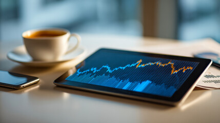 Digital tablet displaying fluctuating financial market graphs on a desk with smartphone and coffee cup in a modern office environment