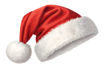 Classic red and white Santa Claus hat with a soft fluffy white trim and pom-pom on the tip. Traditional Christmas accessory symbolizing festive cheer and holiday spirit. Isolated on transparent backgr