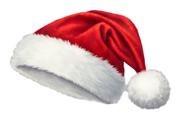 Classic red and white Santa Claus hat with a soft fluffy white trim and pom-pom on the tip. Traditional Christmas accessory symbolizing festive cheer and holiday spirit. Isolated on transparent backgr
