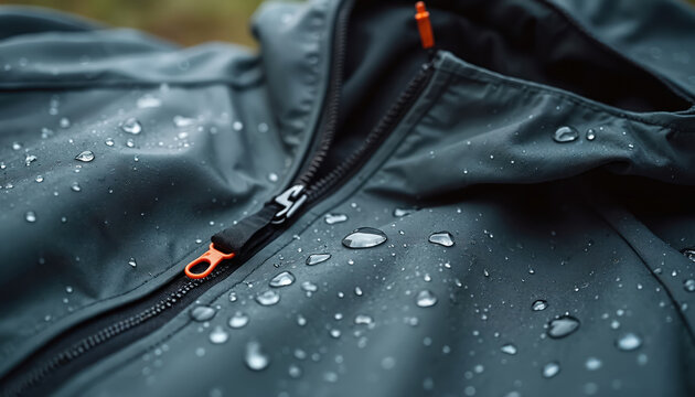 Close up of waterproof jacket covered by rain drops. Water resistant modern coat with zipper. Stylish apparel is protection from rain. Outdoor gear for hiking in any weather. Dark fabric texture.