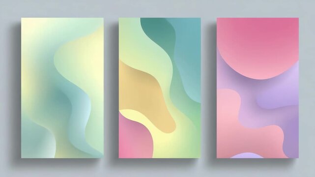 Three-panel abstract artwork with soft pastel colors and flowing, curved shapes in greens, yellows, pinks and purples.