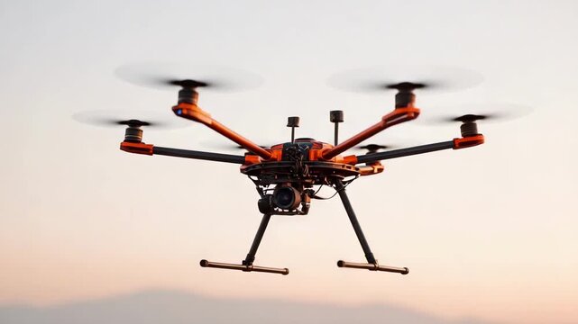A red multi-rotor drone with multiple arms flying over a valley at sunset.