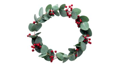 Christmas wreath made of leaves and red berries, modern minimal flat lay, isolated on transparent background.