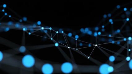 Abstract digital network of glowing blue nodes connected by white lines on a dark background. - Powered by Adobe