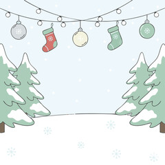 Cute Christmas Winter Landscape Background with Pine Trees, Snow, Ornaments, and String Lights