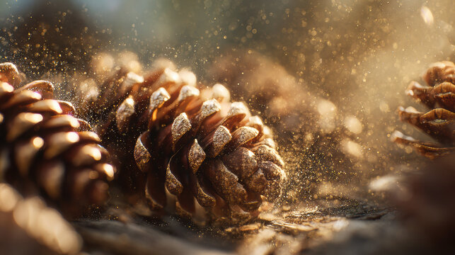 Natural pine cones spinning in golden sunlight with snow dust particles, detailed macro shot with warm rustic autumn atmosphere