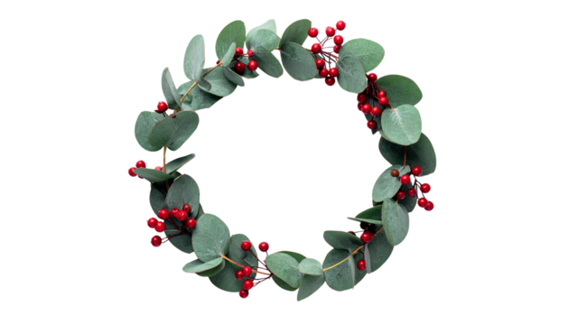 Christmas wreath made of leaves and red berries, modern minimal flat lay, isolated on transparent background.