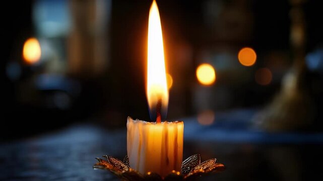 A single lit candle atop a decorative holder on a dark surface, with warm bokeh lights in the background.