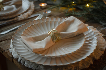 Elegant Christmas table setting. Christmas dining table setup