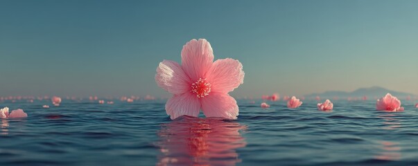 Pink fluffy cloud floating above calm sea with soft pastel sky and its reflection