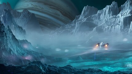 Futuristic submarine explores Europas icy depths revealing alien marine life glowing softly underwater