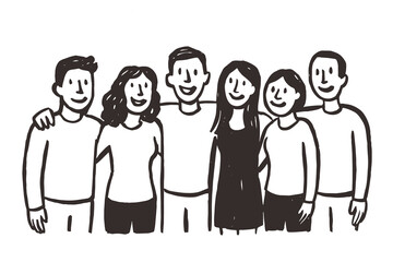 group of friends standing together cartoon sketch vector illustration