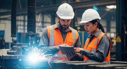 Two engineers review data on a tablet while welding sparks fly in a manufacturing environment
