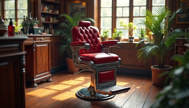 Vintage red barber chair sits in woody old shop. Sunlight streams thru window onto polished floor. Plants add touch of green to classic masculine salon interior.