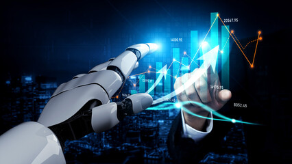 A robotic hand reaches toward interactive financial graphs, illustrating the fusion of technology and business in a digital landscape that highlights data-driven insights. Scalp
