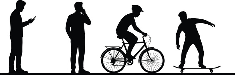 Silhouetted people in lifestyle activities, smartphone user phone call cyclist skateboarder, black vector illustration, modern communication and recreation concept artwork