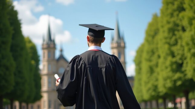 Vista posterior de un graduado masculino con una toga de graduaci&oacute;n negra tradicional y un birrete
