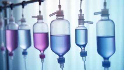 Bolsas transparentes de líquido intravenoso suspendidas en filas mediante ganchos metálicos sobre un fondo clínico