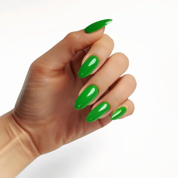 Woman hand with stylish green nails manicure isolated on white background