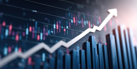 Stock Market Graph with Upward Arrow and Candlestick Charts on Dark Blue Background, White Numbers Showing Financial Growth for Corporate Innovation and Real Estate Business Concepts