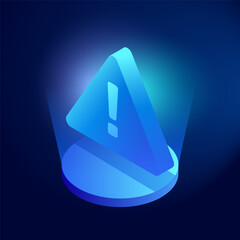 Blue Neon Isometric Caution Warning Signs Vector Ideal for data security, Risk, Technology Safety, Attention, Bankruptcy, Power Outage, Dangerous Symbol, Alert in Futuristic Cyberpunk Concept Vector