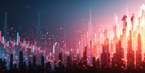 Abstract Cityscape Digital Banner with Glowing Skyscrapers, Blue Purple Gradient Background and Red Illuminated Buildings Featuring Data Visualization Graphs for Urban Development and Business Innovat