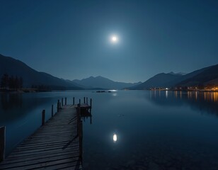 Fototapeta premium Wooden pier extends onto calm lake under full moon. Mountains and distant town lights reflected in still water. Nighttime landscape offers serene, peaceful natural beauty.