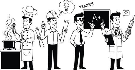 Cartoon male professionals illustration, chef engineer teacher manager doctor, career diversity concept, educational vector artwork 