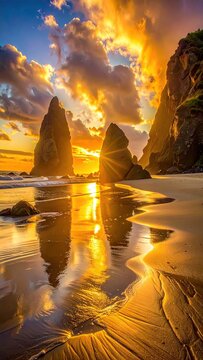Golden Sunset Reflecting on Coastal Rock Formations
