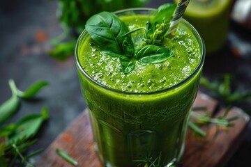 Green smoothie made with fresh herbs and vegetables, promoting healthy eating and lifestyle