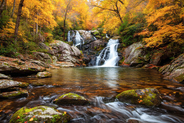 Tranquil autumn waterfall cascading into a serene forest pond