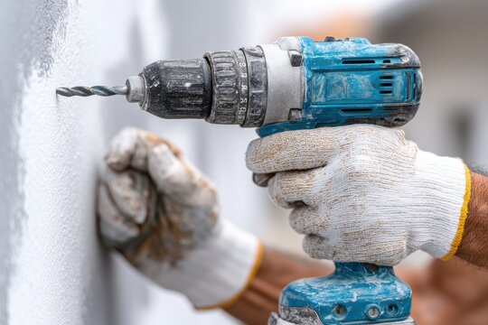 Man using cordless drill on wall wearing gloves for DIY construction work