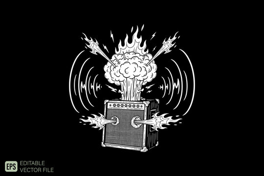 Exploding Guitar Amplifier with Flames and Sound Waves.